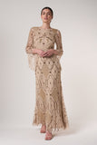 Faith gold embellished maxi dress with intricate beadwork and sheer long sleeves