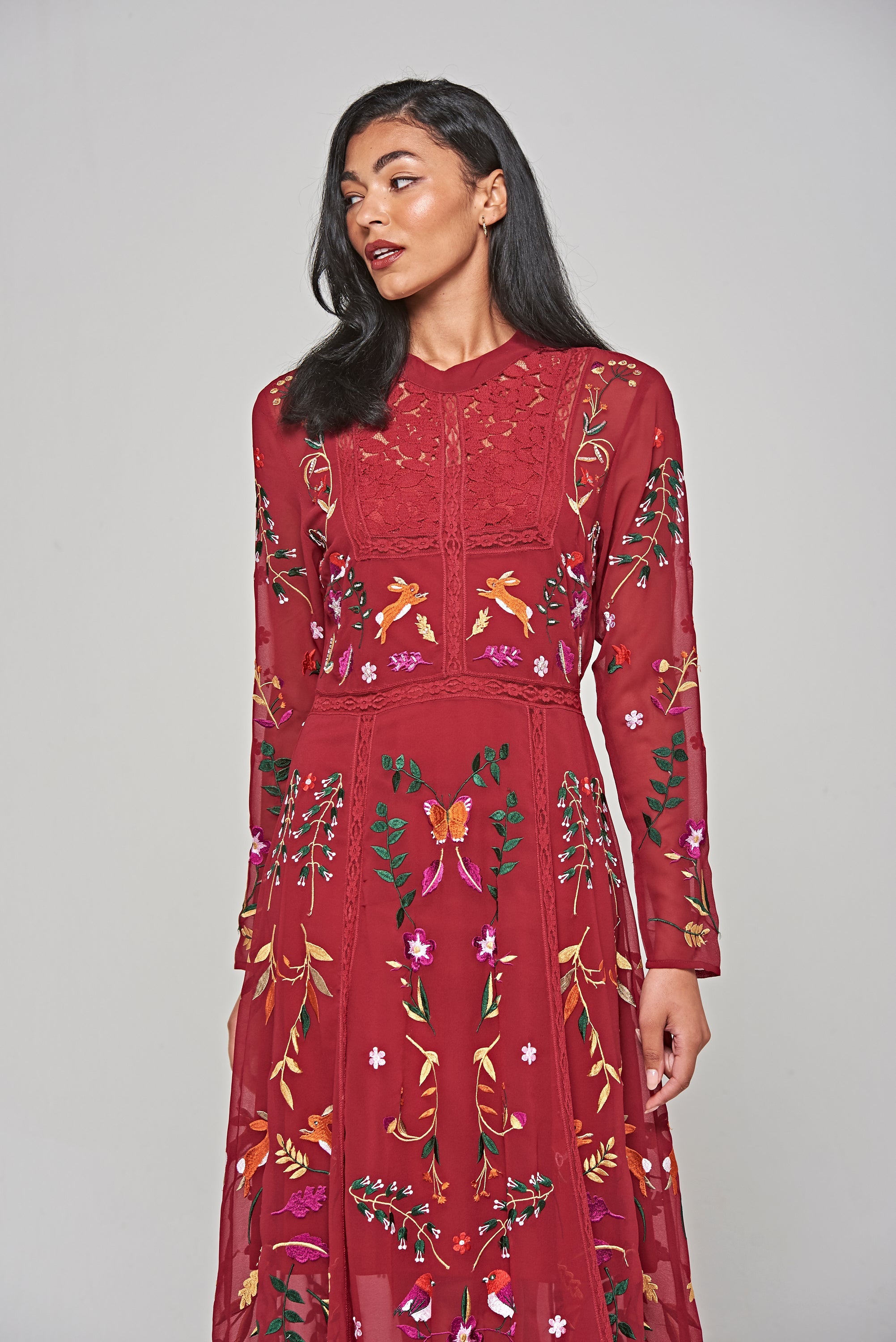 Farley Woodland Embroidered Maxi Dress - Burgundy