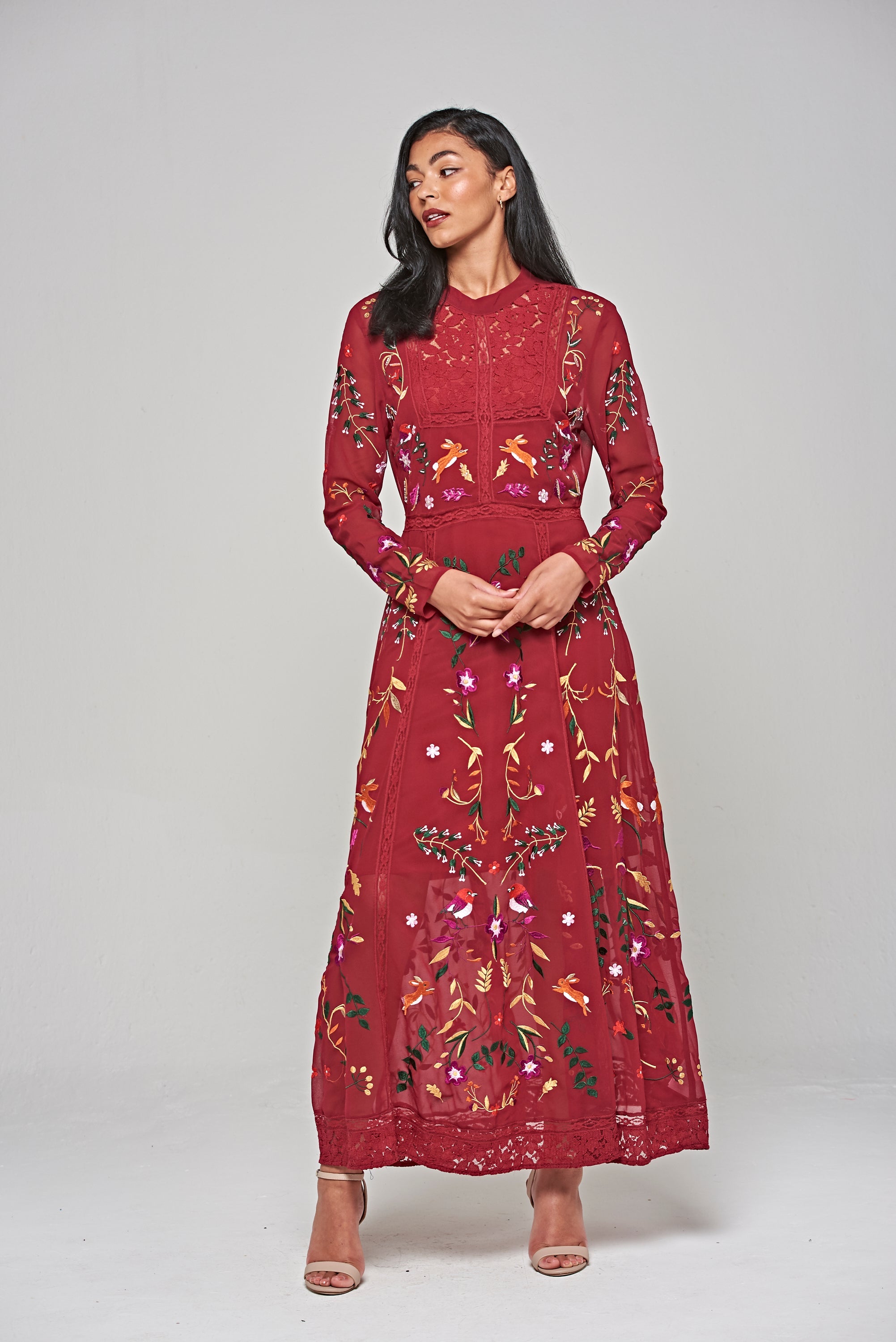 Farley Woodland Embroidered Maxi Dress - Burgundy