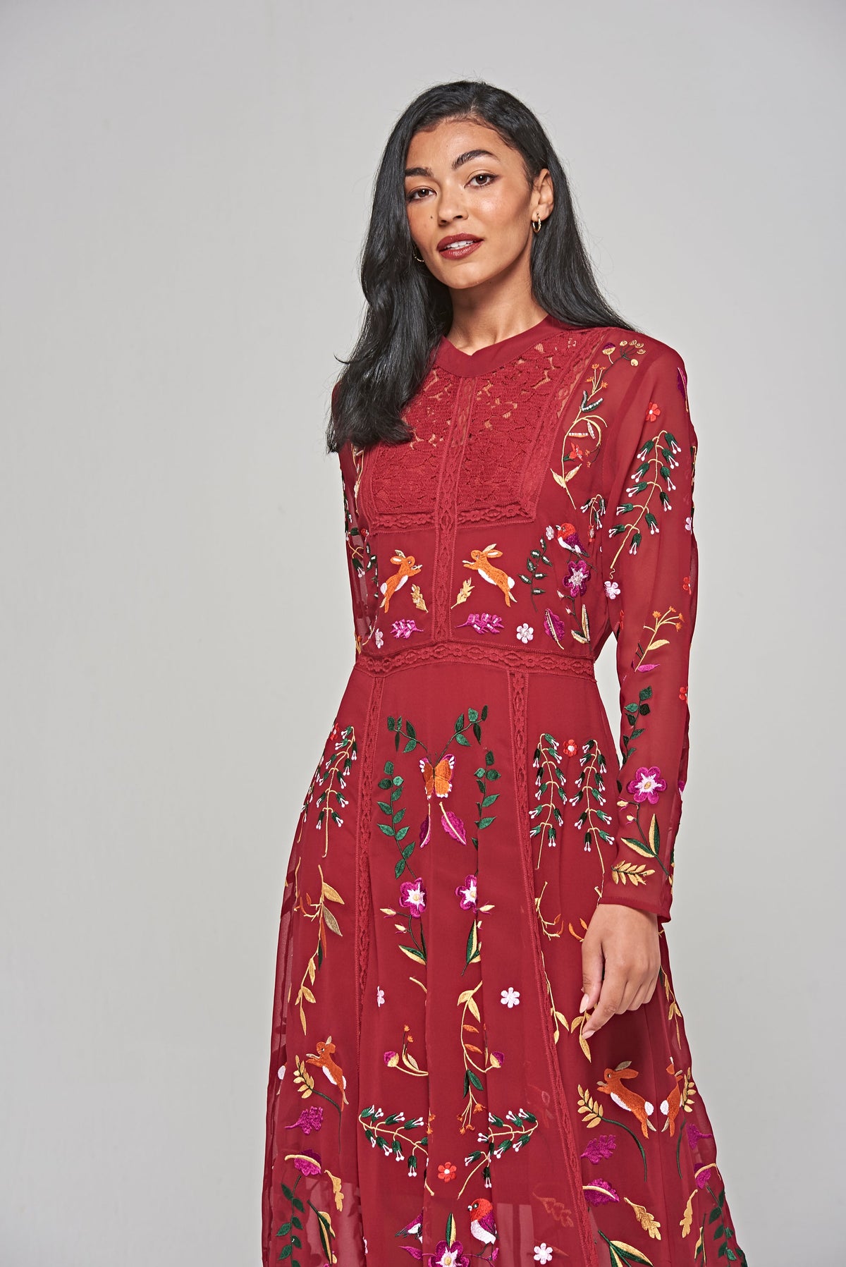 Farley Woodland Embroidered Maxi Dress - Burgundy