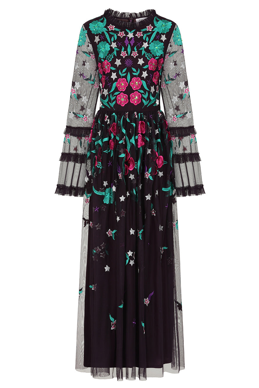 Fenella purple floral embroidered maxi dress by Frock and Frill