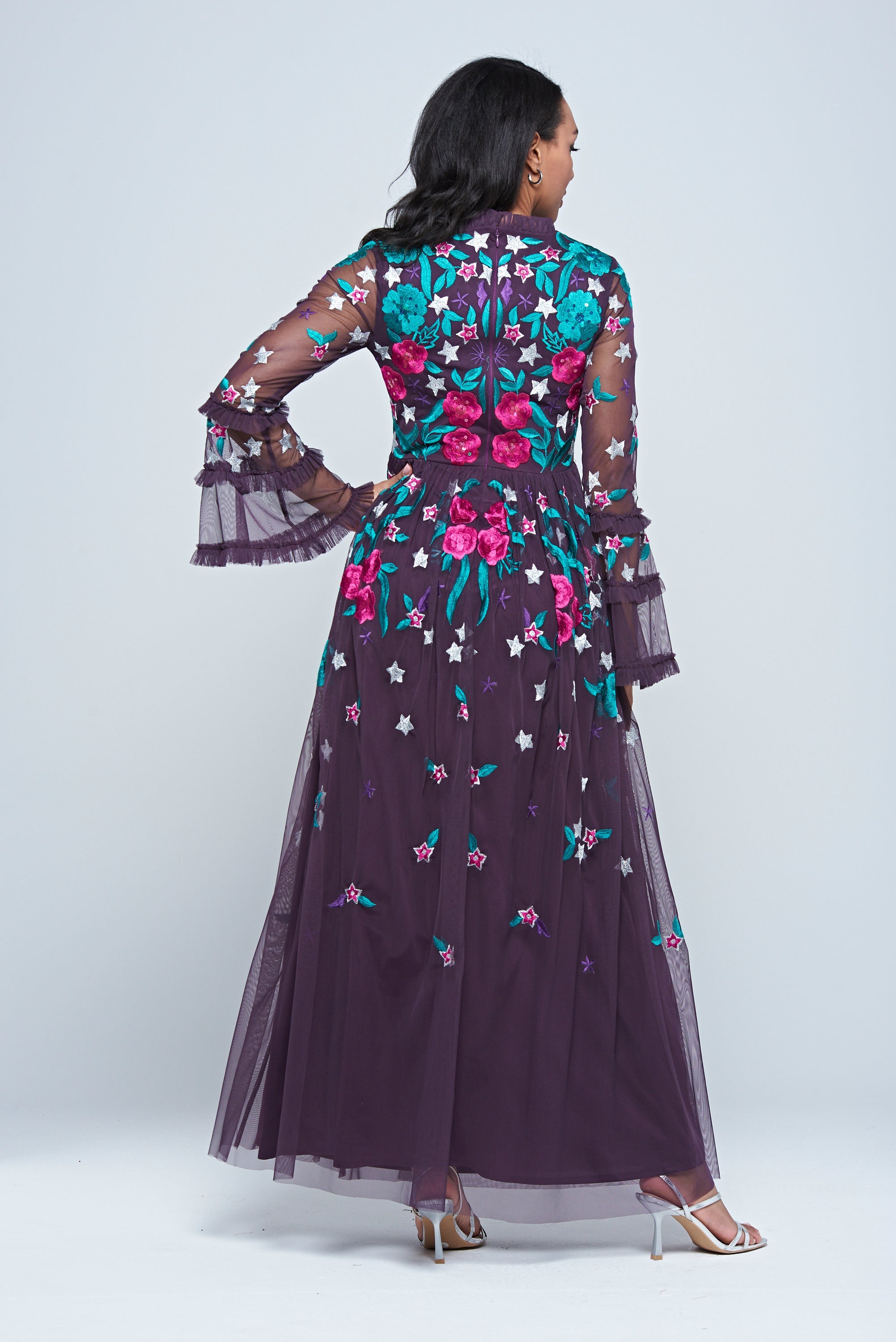 Fenella purple floral embroidered maxi dress by Frock and Frill