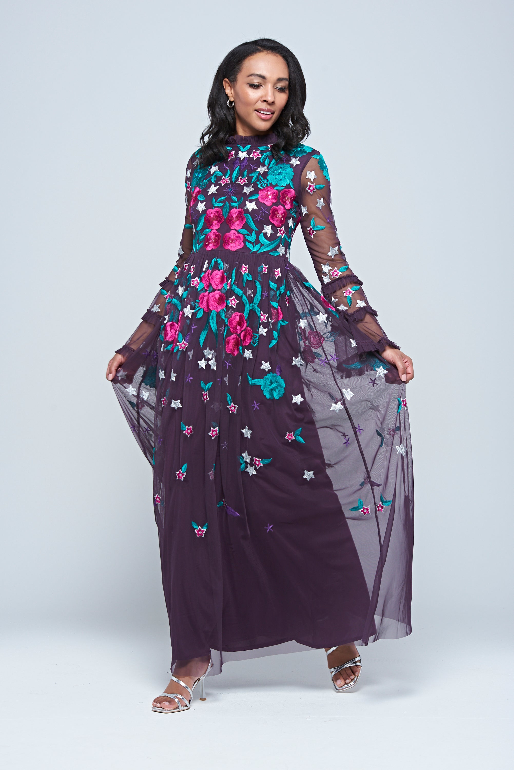 Fenella purple floral embroidered maxi dress by Frock and Frill