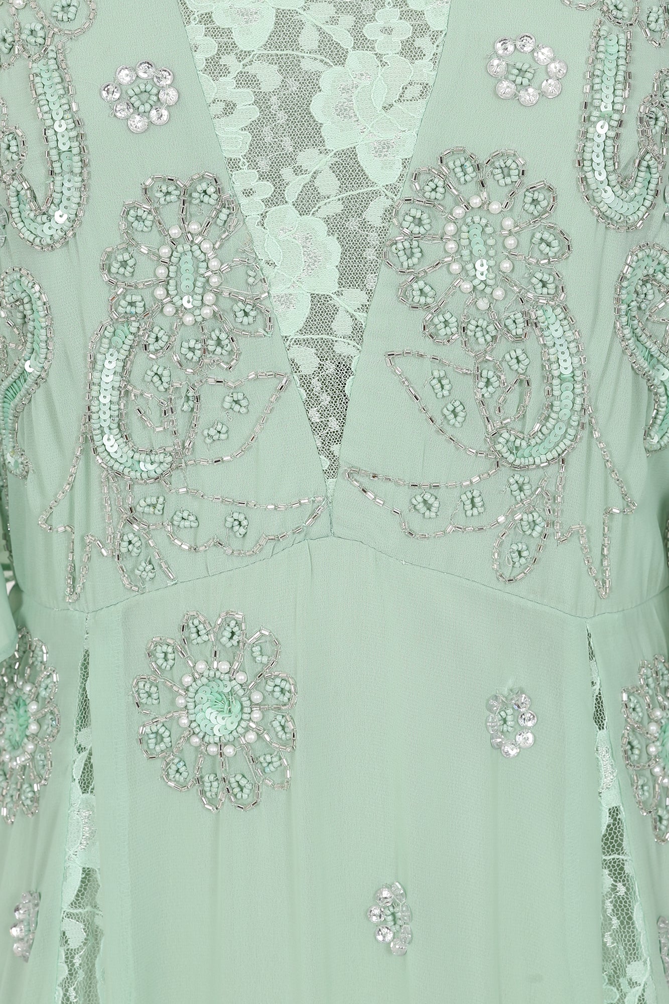 Fern Light Green Embellished Maxi Dress with Lace Panels