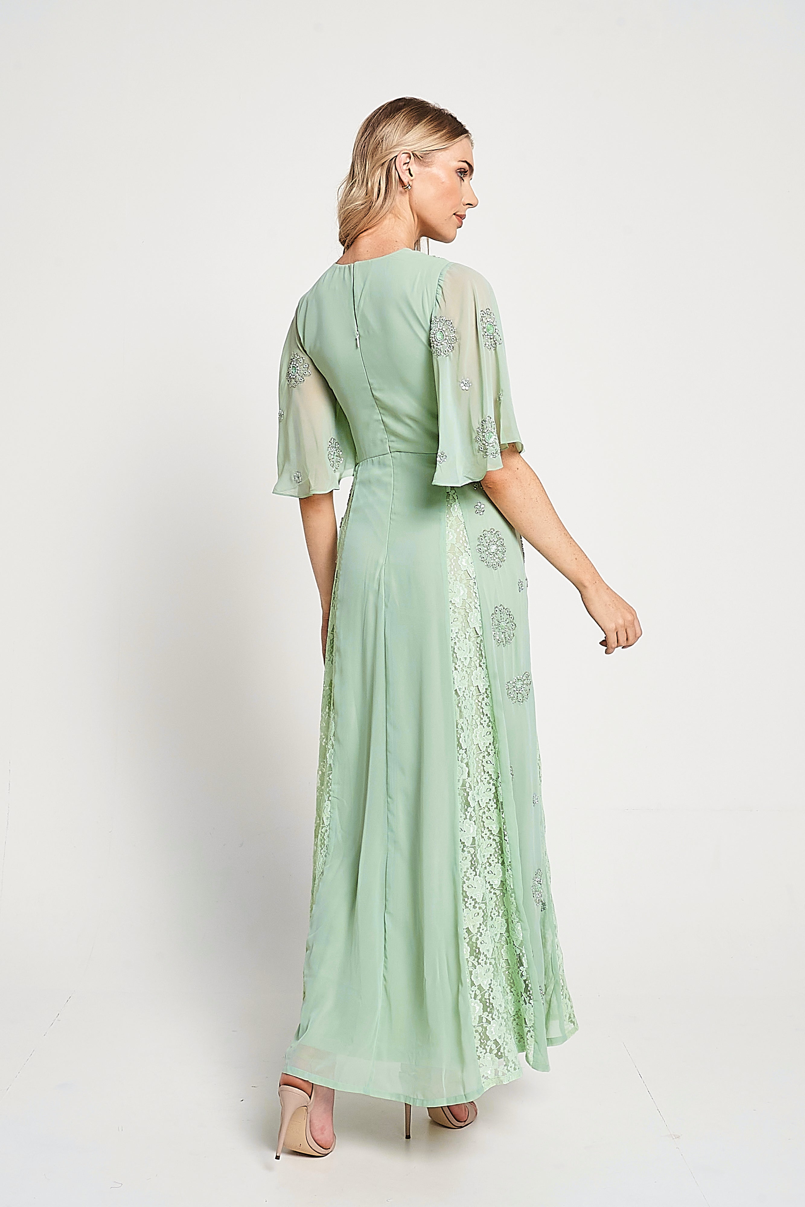 Fern Light Green Embellished Maxi Dress with Lace Panels