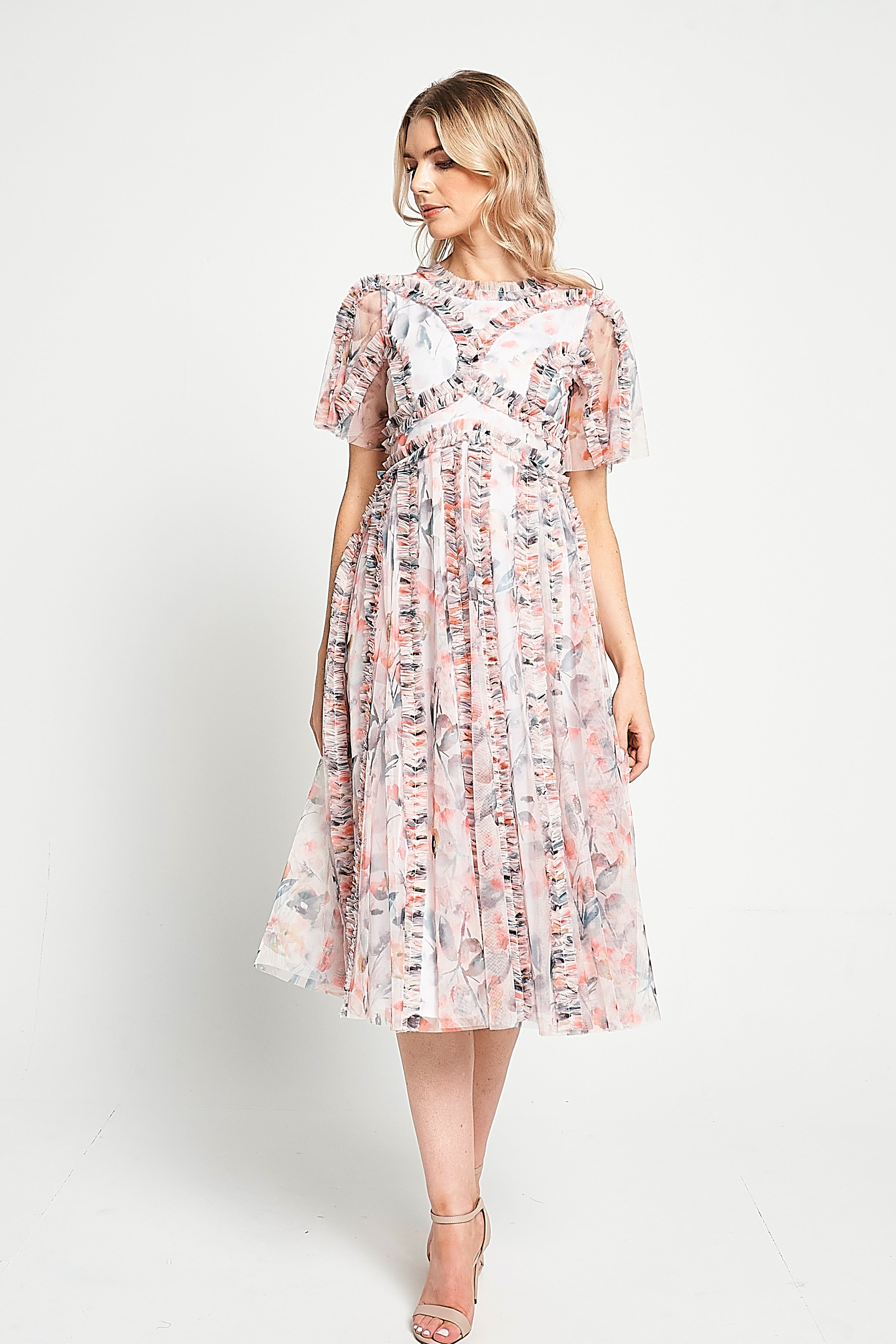 Florentina Floral Print Ruffled Midi Dress - Cream