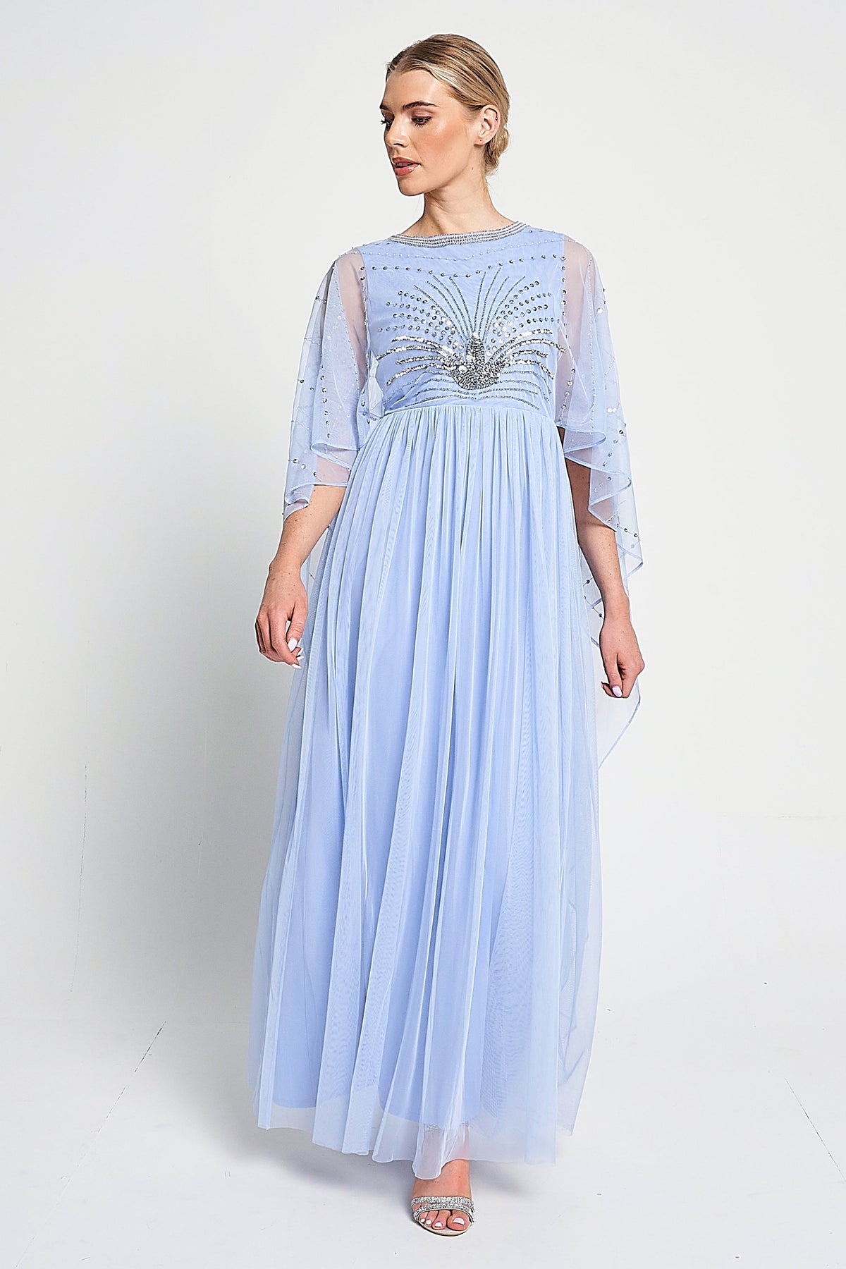 Frances Blue Sequin Cape Sleeve Maxi Dress