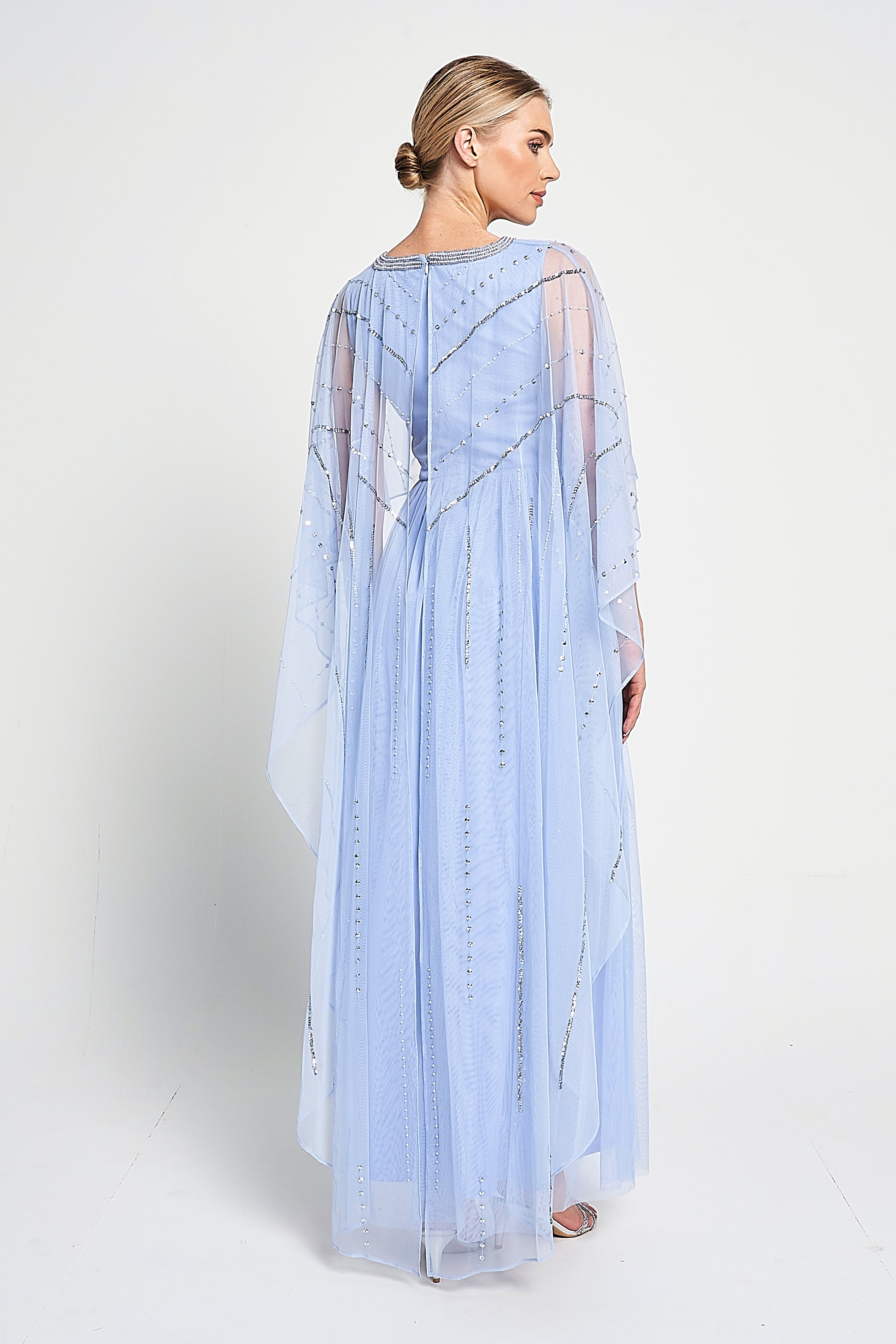 Frances Blue Sequin Cape Sleeve Maxi Dress