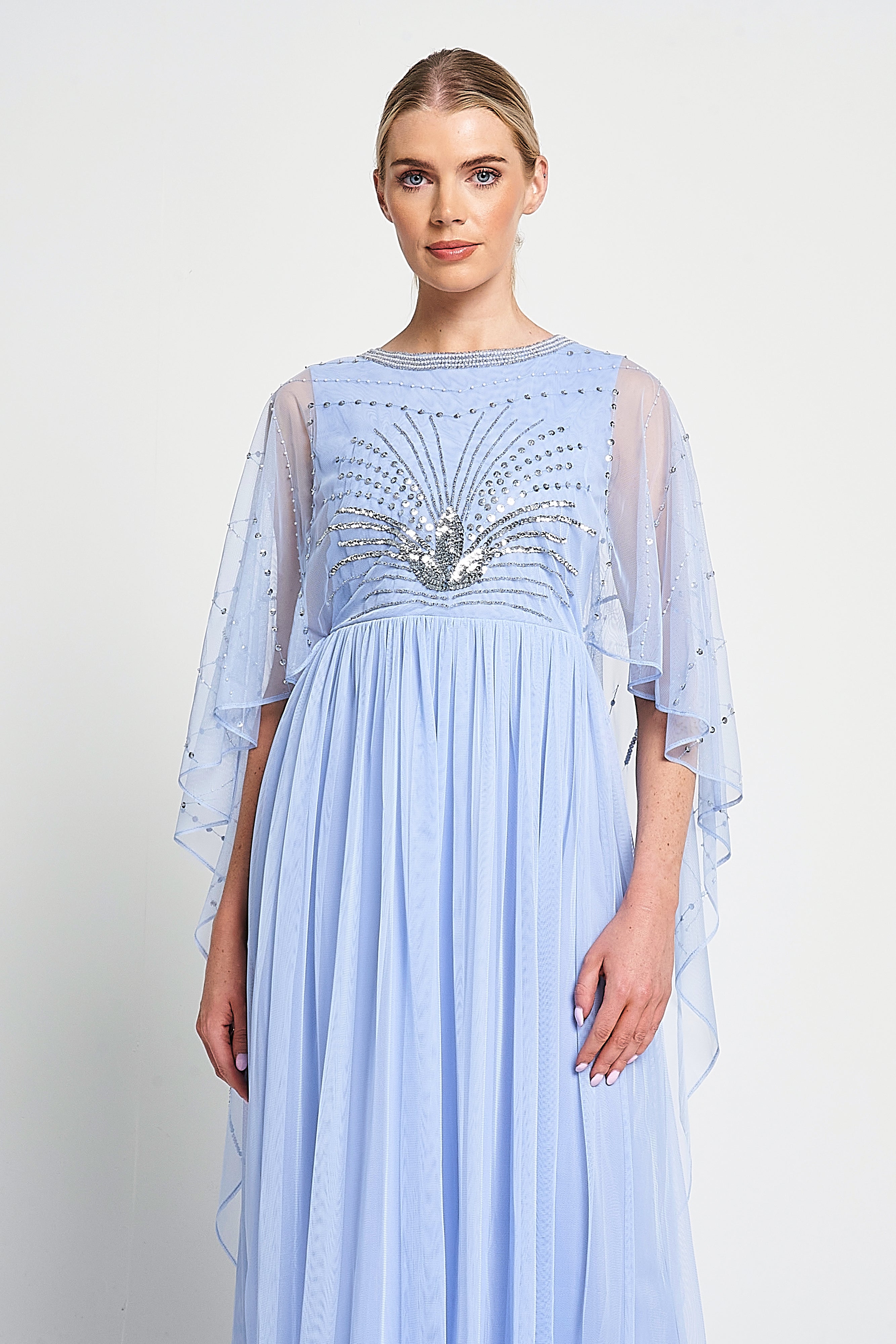 Frances Blue Sequin Cape Sleeve Maxi Dress