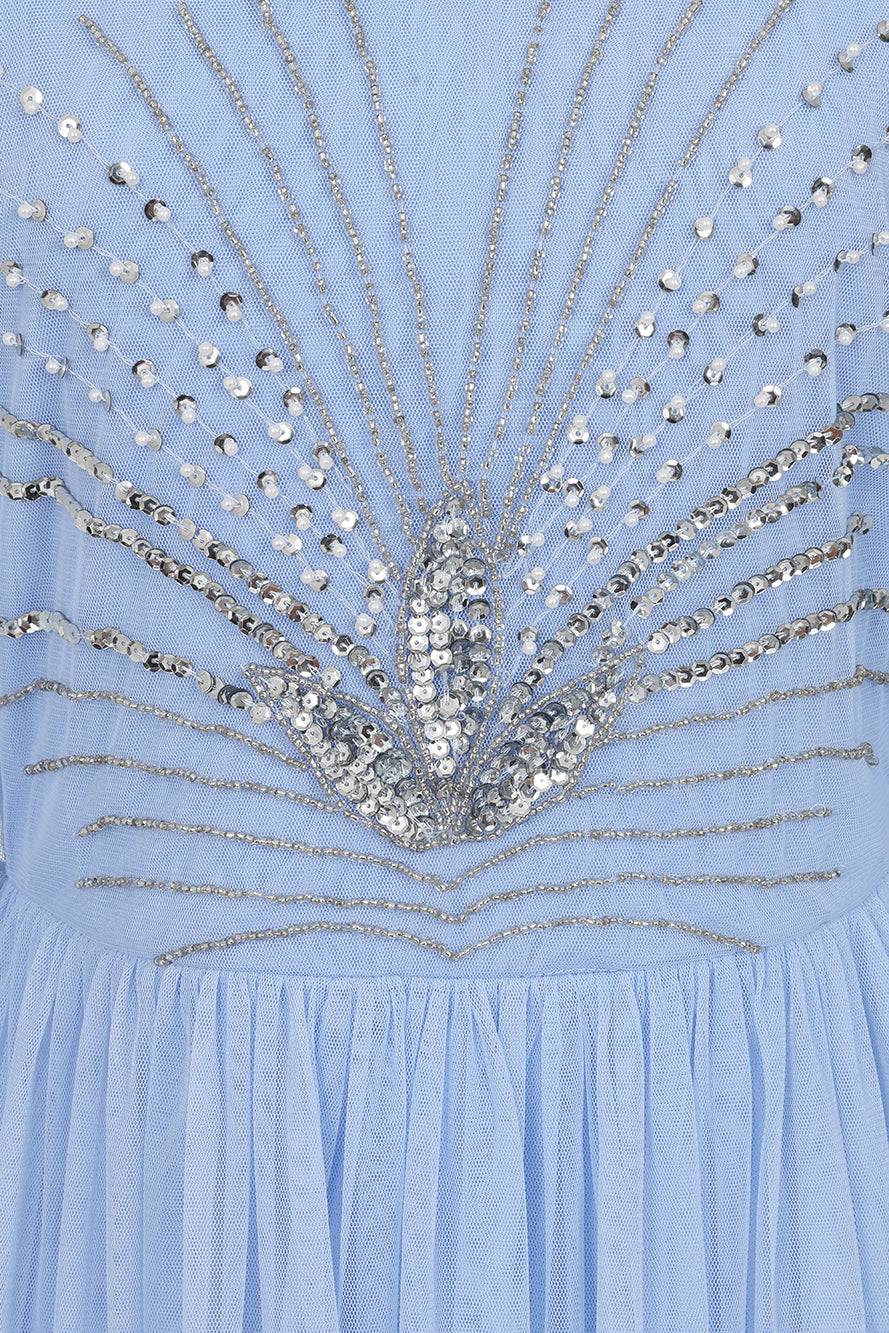 Frances Blue Sequin Cape Sleeve Maxi Dress