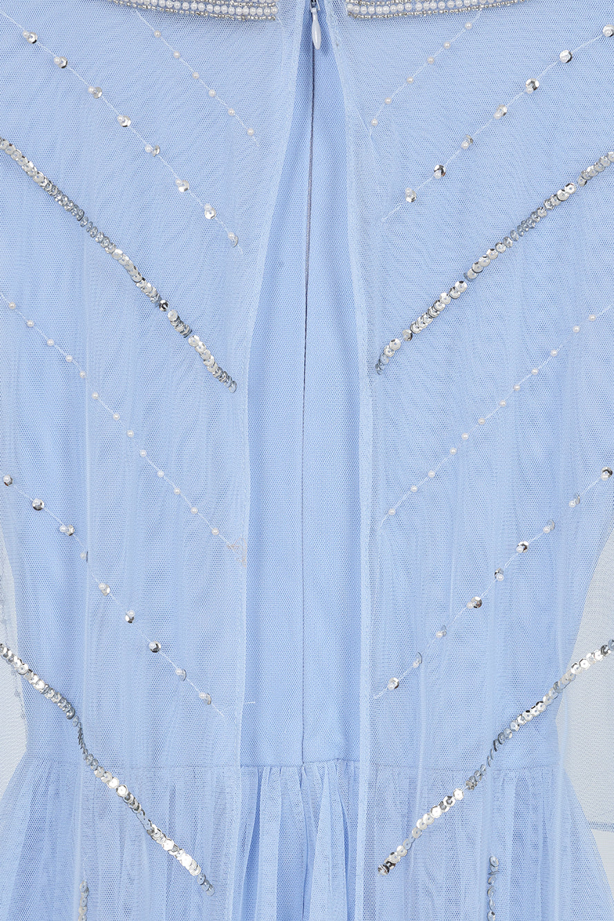 Frances Blue Sequin Cape Sleeve Maxi Dress