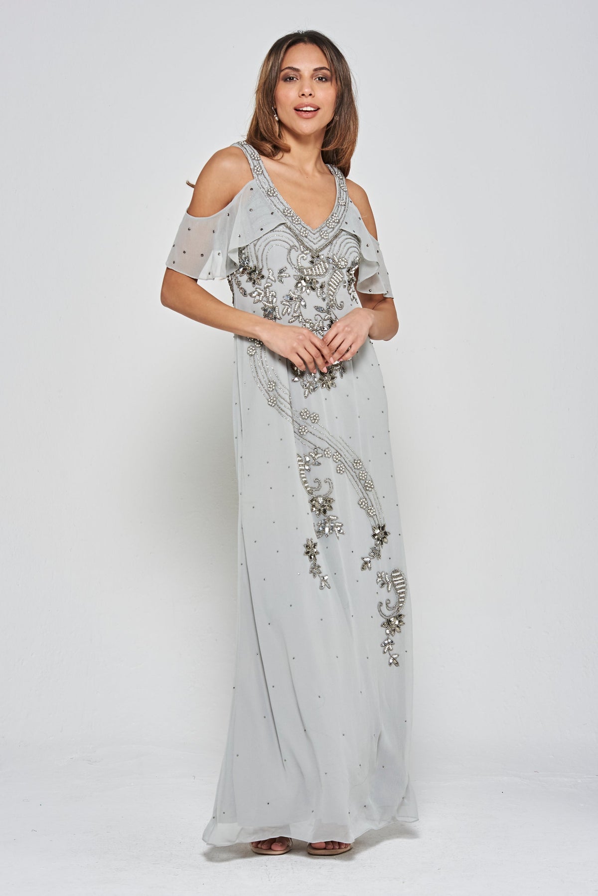 Gali Grey Cold Shoulder Embellished Maxi Dress