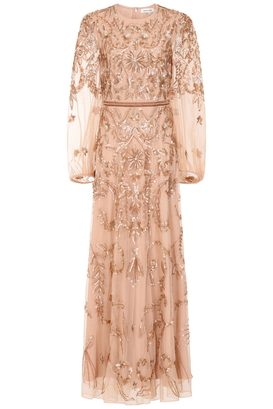 Georgiana Nude Embellished Maxi Dress, full-length nude bronze gown with puff sleeves and all-over bead embellishment, formal and elegant design