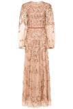 Georgiana Nude Embellished Maxi Dress, full-length nude bronze gown with puff sleeves and all-over bead embellishment, formal and elegant design