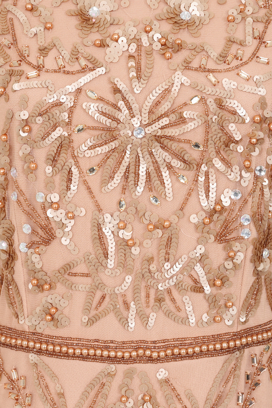 Georgiana Nude Embellished Maxi Dress, full-length nude bronze gown with puff sleeves and all-over bead embellishment, formal and elegant design