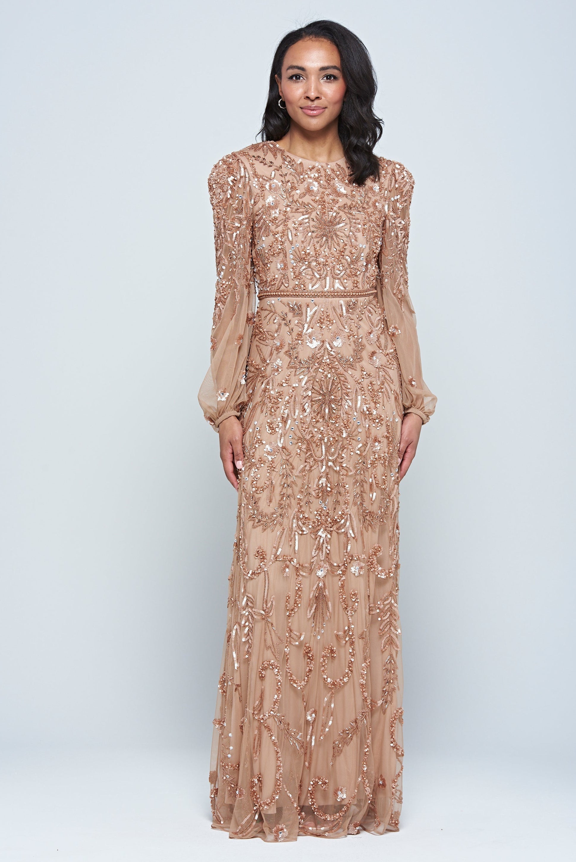 Georgiana Nude Embellished Maxi Dress, full-length nude bronze gown with puff sleeves and all-over bead embellishment, formal and elegant design