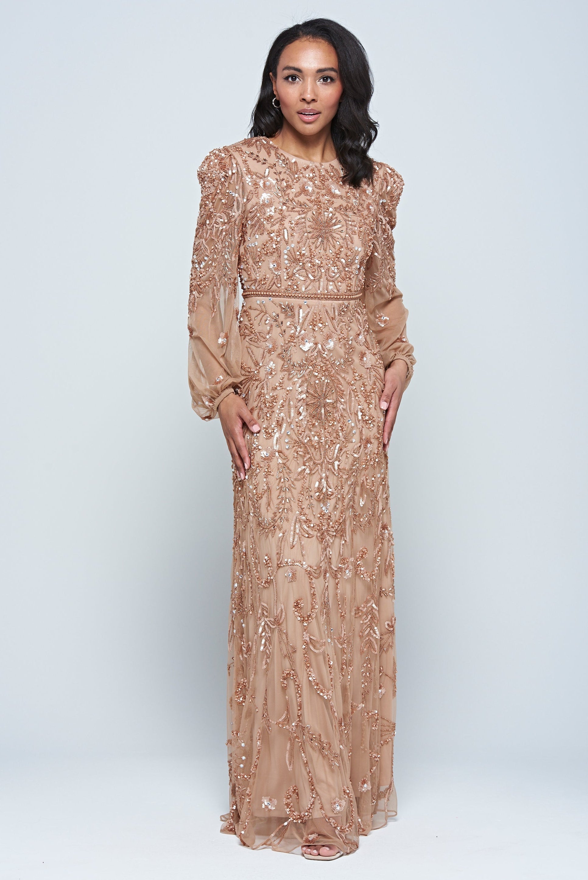 Georgiana Nude Embellished Maxi Dress, full-length nude bronze gown with puff sleeves and all-over bead embellishment, formal and elegant design