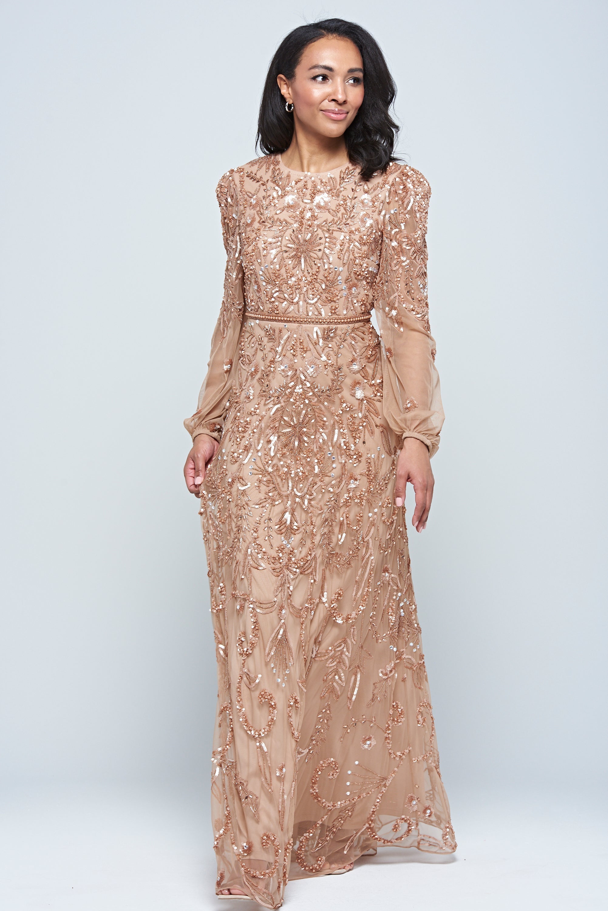 Georgiana Nude Embellished Maxi Dress, full-length nude bronze gown with puff sleeves and all-over bead embellishment, formal and elegant design