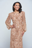 Georgiana Nude Embellished Maxi Dress, full-length nude bronze gown with puff sleeves and all-over bead embellishment, formal and elegant design