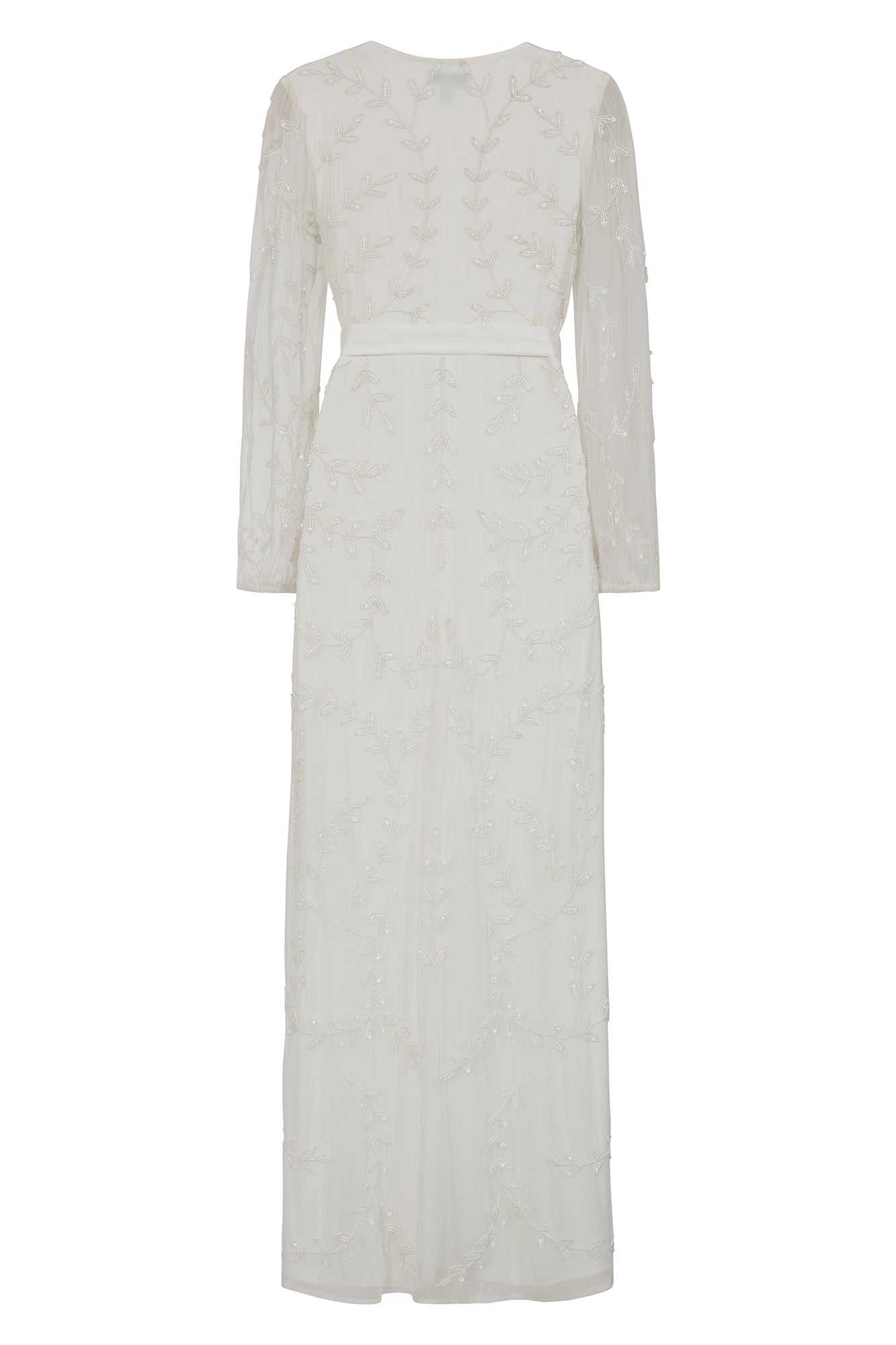Grace white embellished maxi dress with tonal leaf detailing, faux wrap silhouette and long sleeves designed for elegant bridal and occasion wear styling