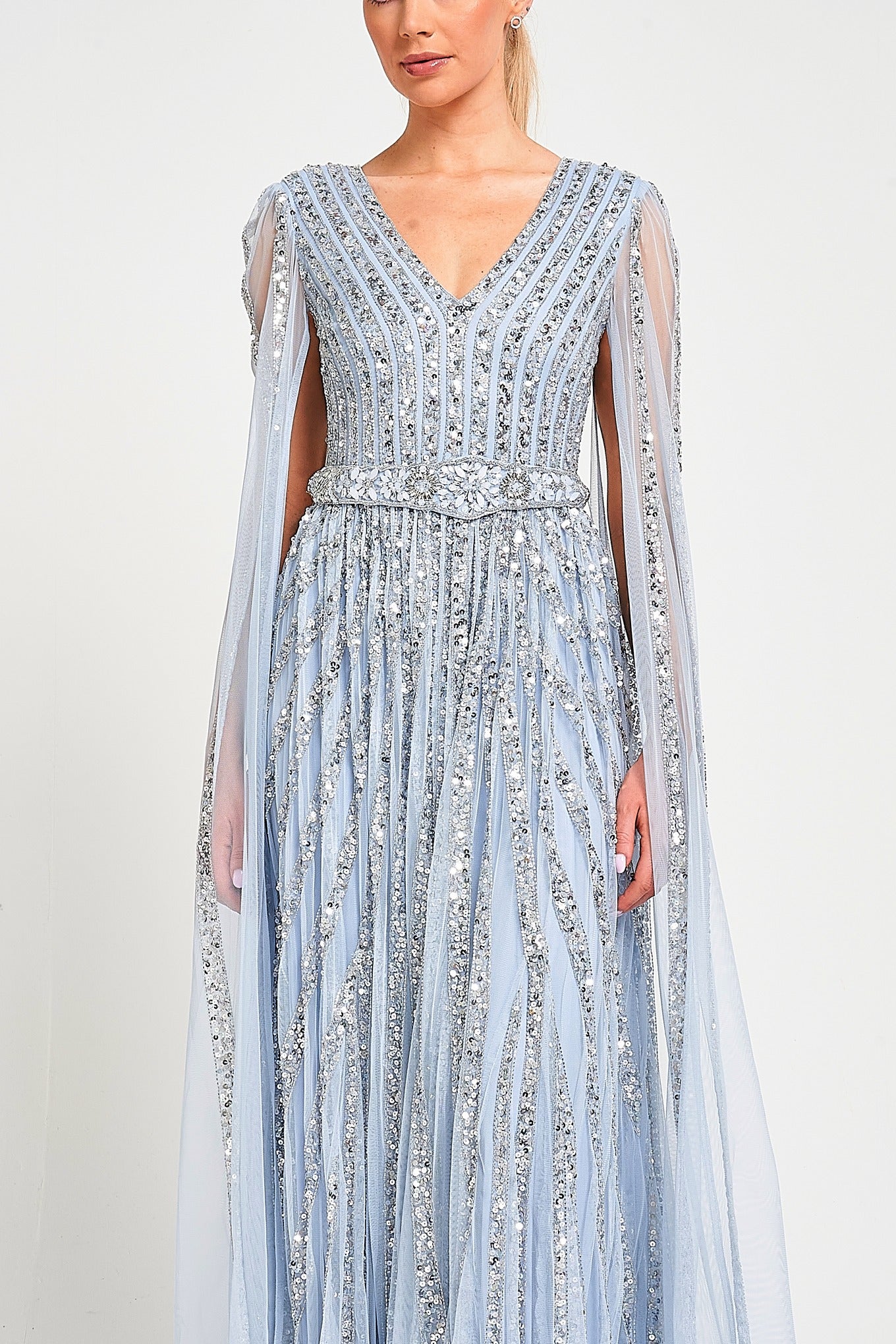 Gwen Ice Blue Embellished Cape Sleeve Maxi Dress 