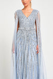 Gwen Ice Blue Embellished Cape Sleeve Maxi Dress 