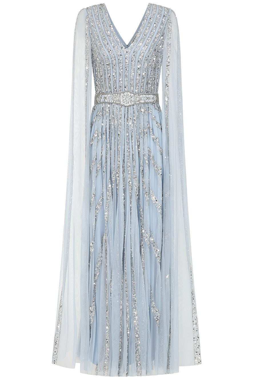 Gwen Ice Blue Embellished Cape Sleeve Maxi Dress 