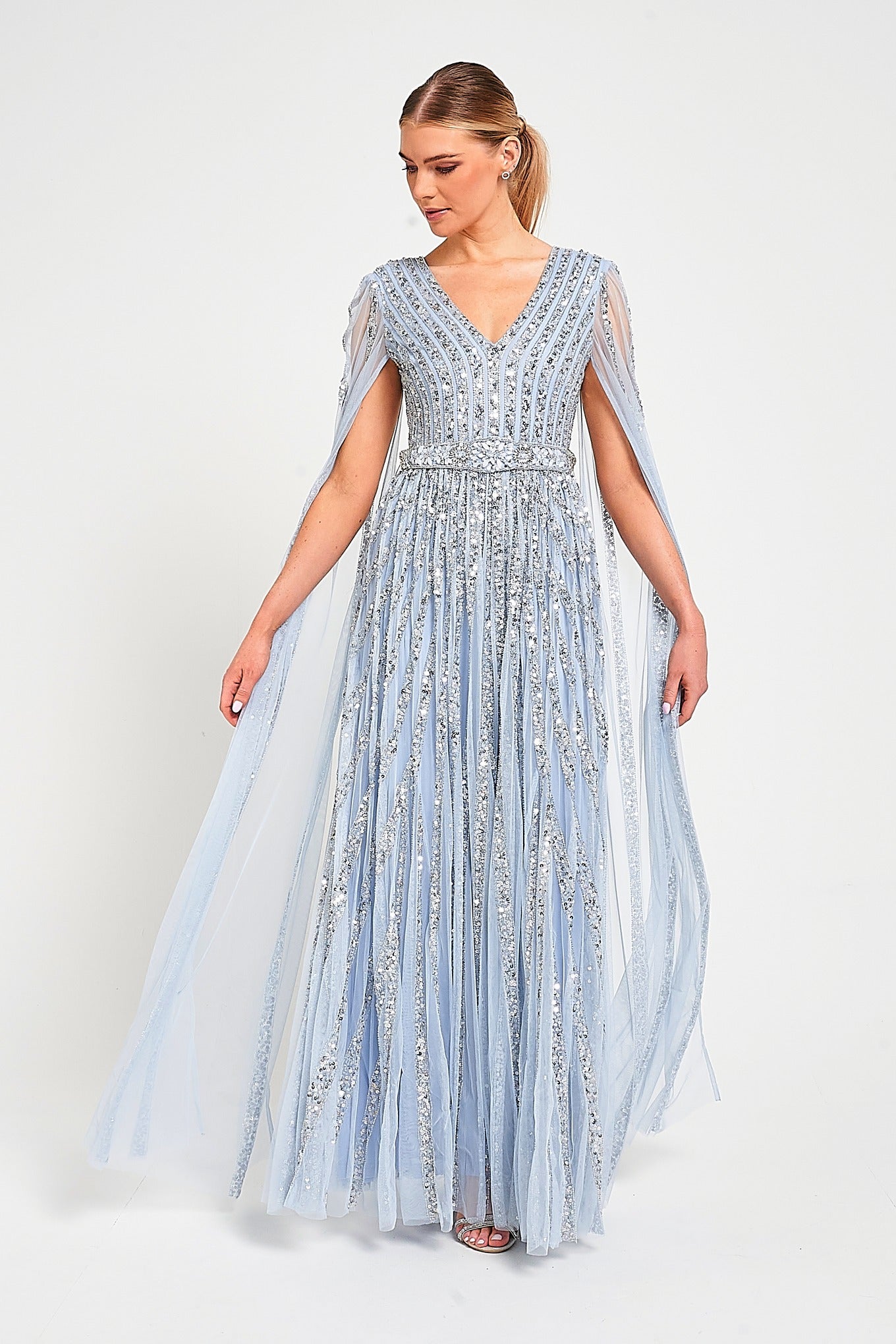 Gwen Ice Blue Embellished Cape Sleeve Maxi Dress 