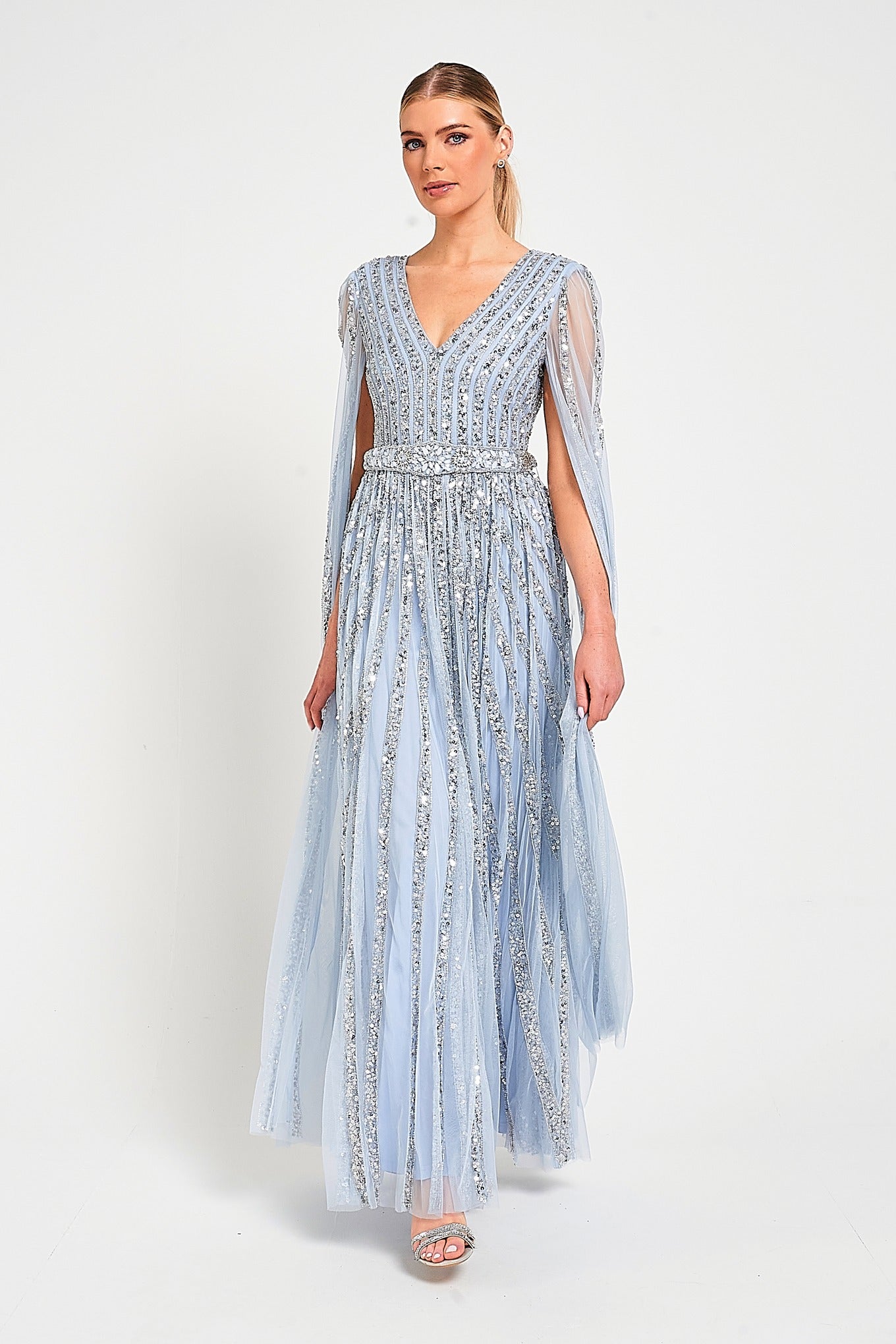 Gwen Ice Blue Embellished Cape Sleeve Maxi Dress 