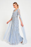 Gwen Ice Blue Embellished Cape Sleeve Maxi Dress 