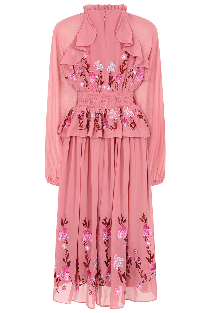 Gwenna Pink Floral Embroidered Midi Dress