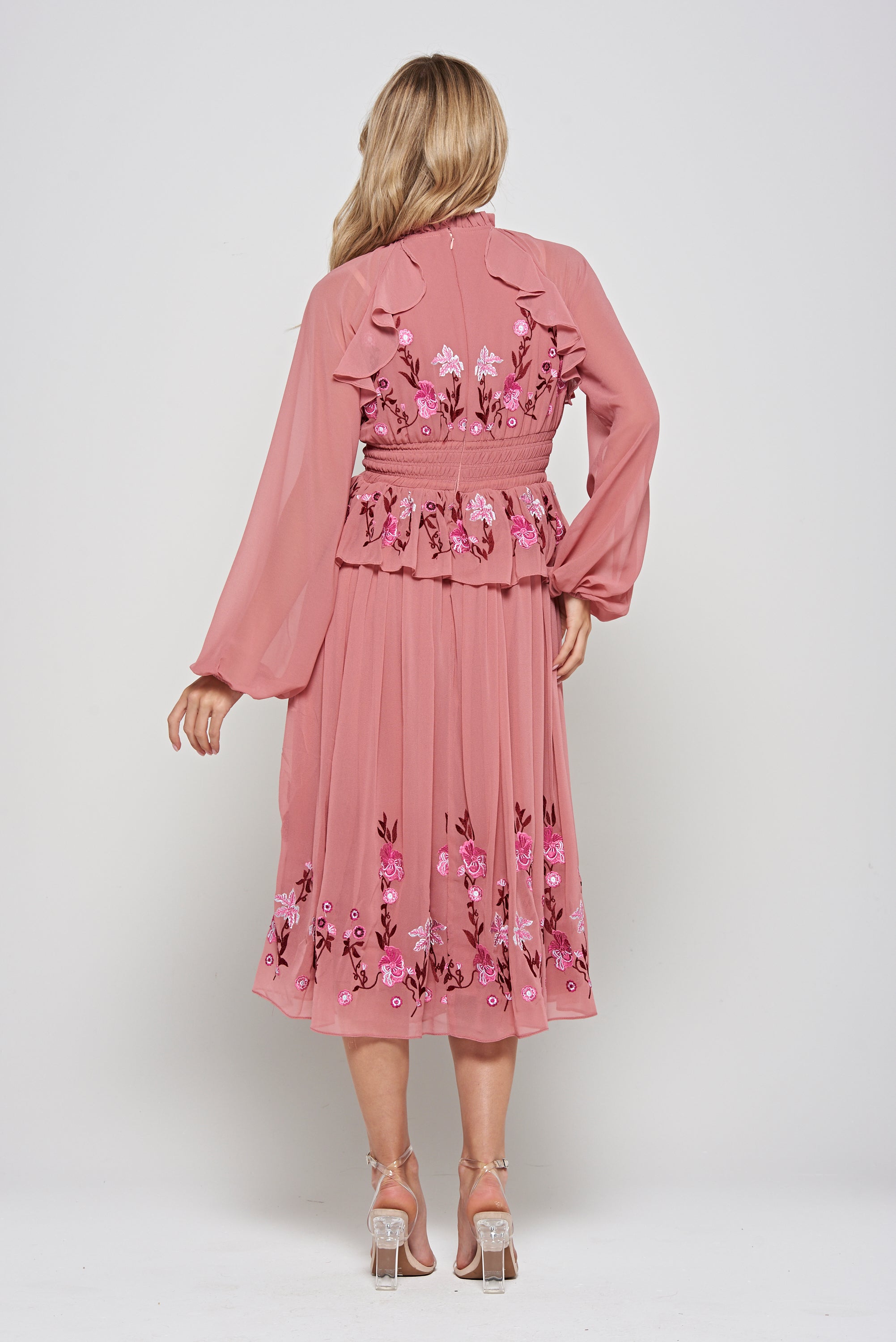Gwenna Pink Floral Embroidered Midi Dress