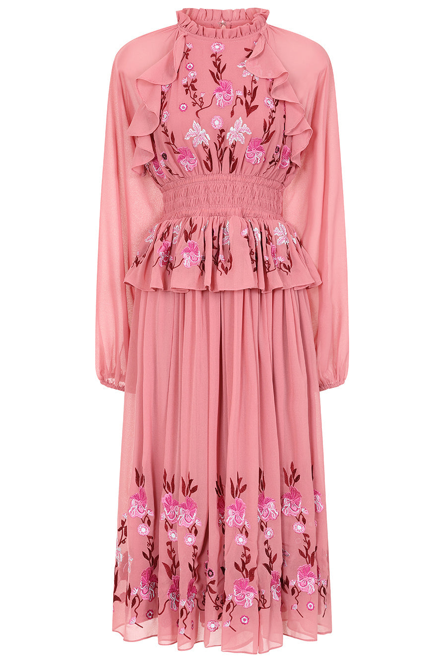 Gwenna Pink Floral Embroidered Midi Dress