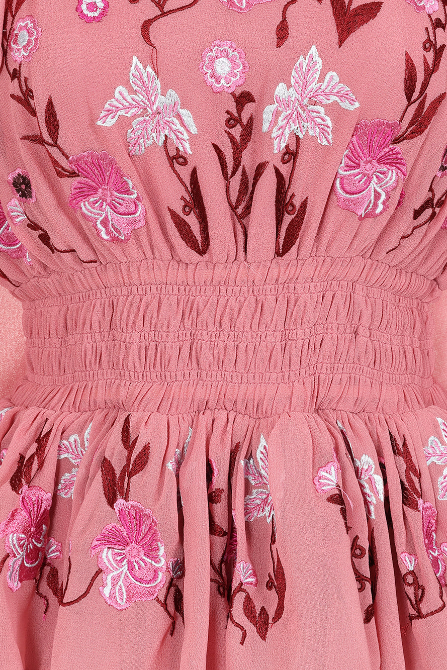 Gwenna Pink Floral Embroidered Midi Dress