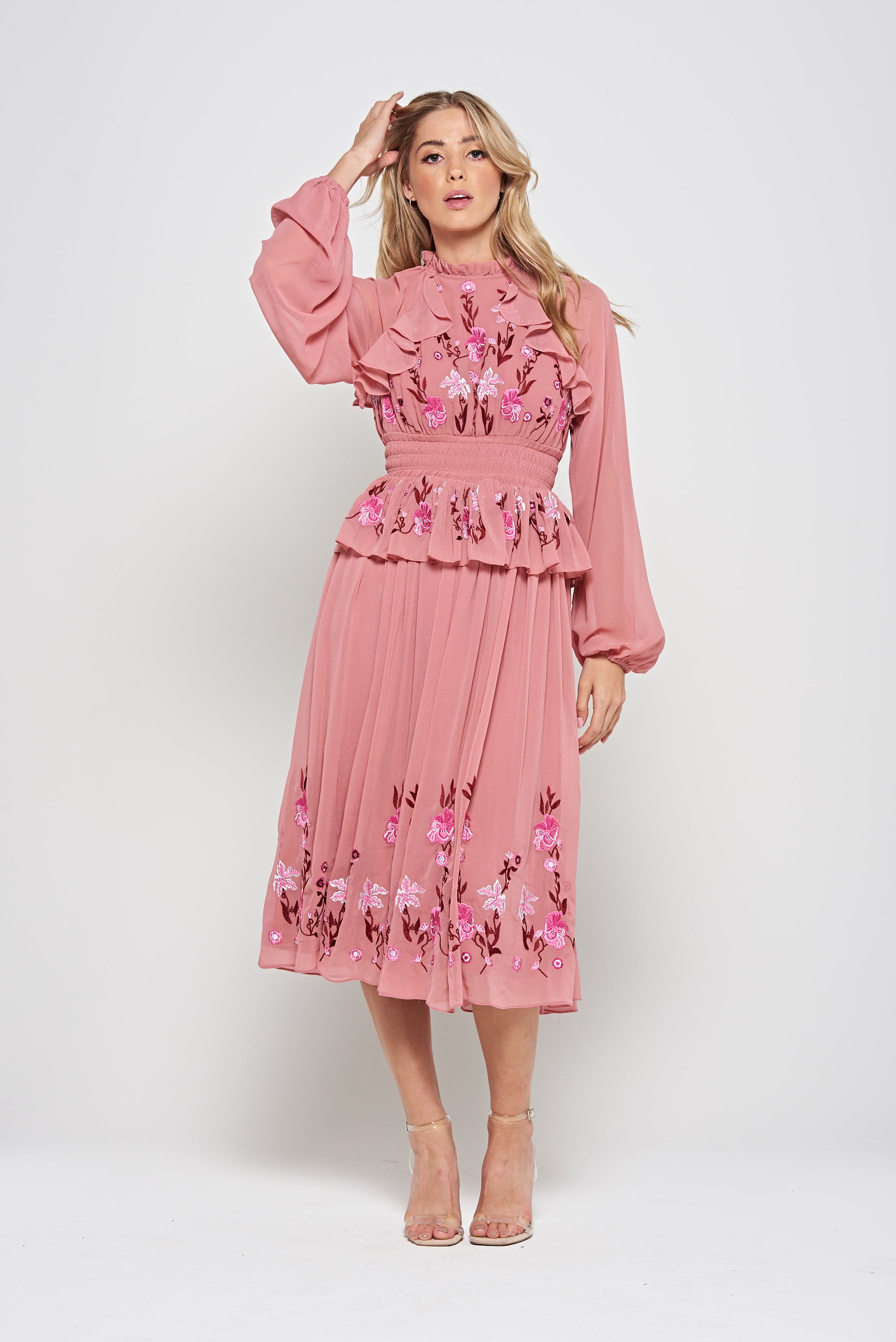 Gwenna Pink Floral Embroidered Midi Dress