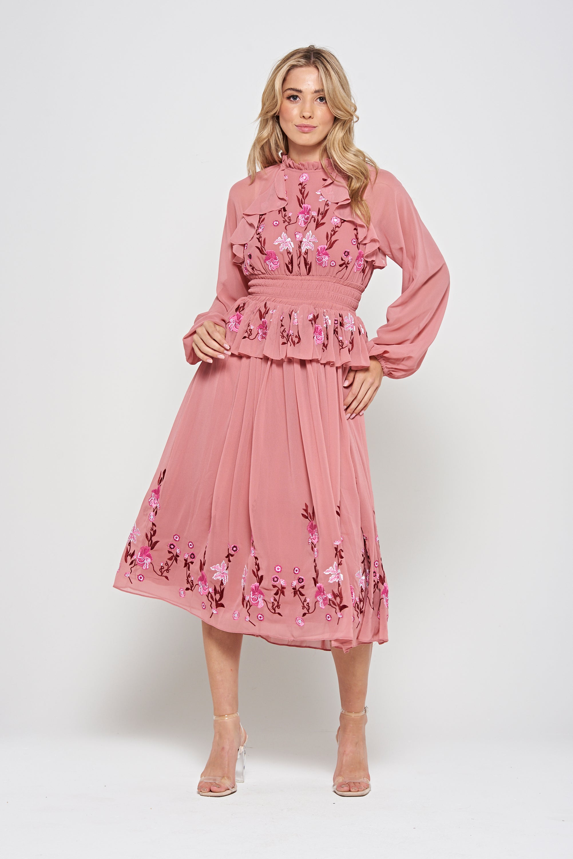 Gwenna Pink Floral Embroidered Midi Dress