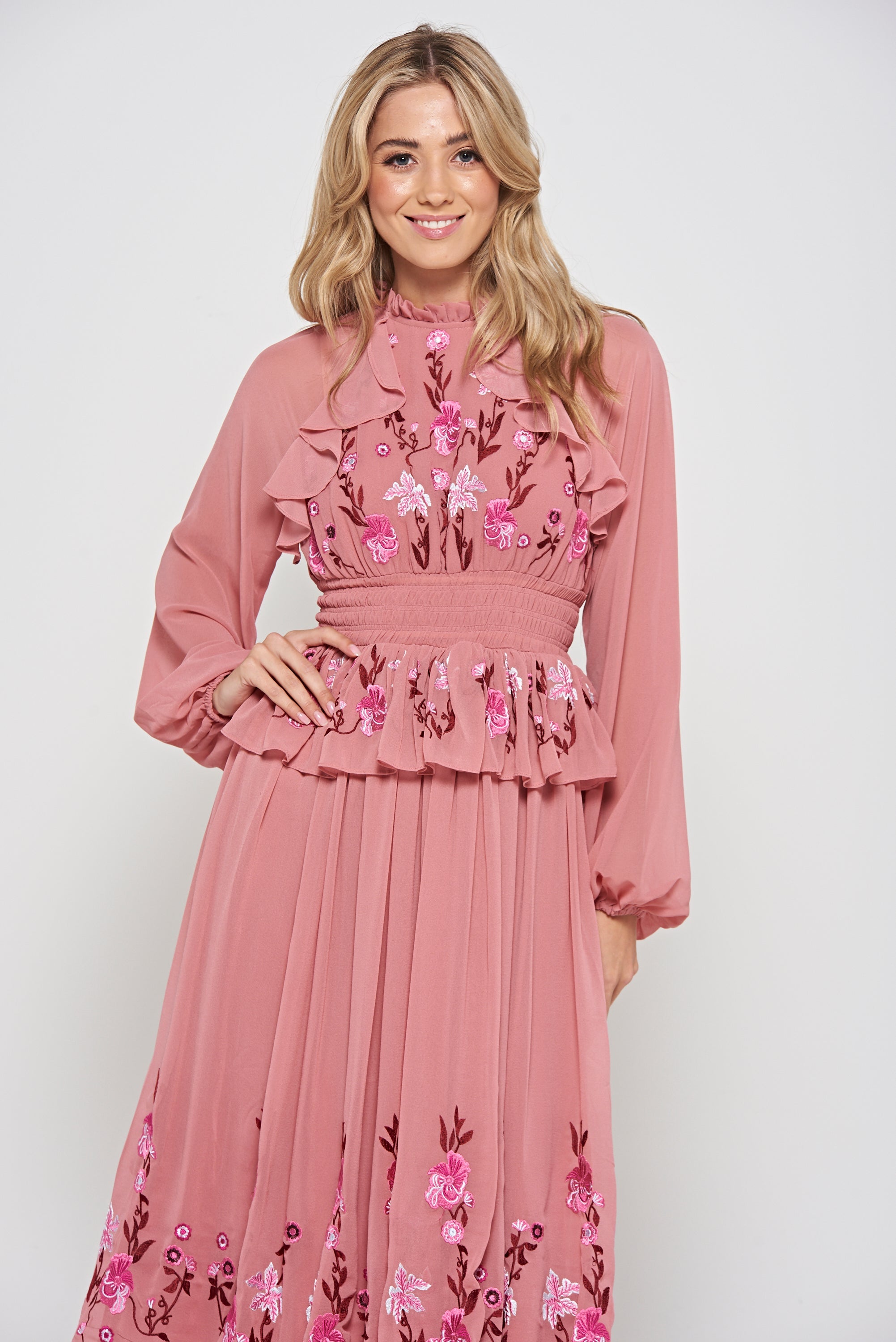 Gwenna Pink Floral Embroidered Midi Dress