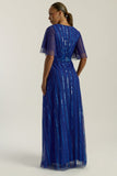 Harper Electric Blue Sequin Maxi Dress with v-neckline and full-length silhouette, perfect for weddings, balls, formal occasions and bridesmaids.
