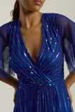 Harper Electric Blue Sequin Maxi Dress with v-neckline and full-length silhouette, perfect for weddings, balls, formal occasions and bridesmaids.