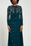 Helena Storm Green Embellished Maxi Dress by Frock and Frill, long sleeve modest evening gown with full-length skirt and sparkling embellishments.