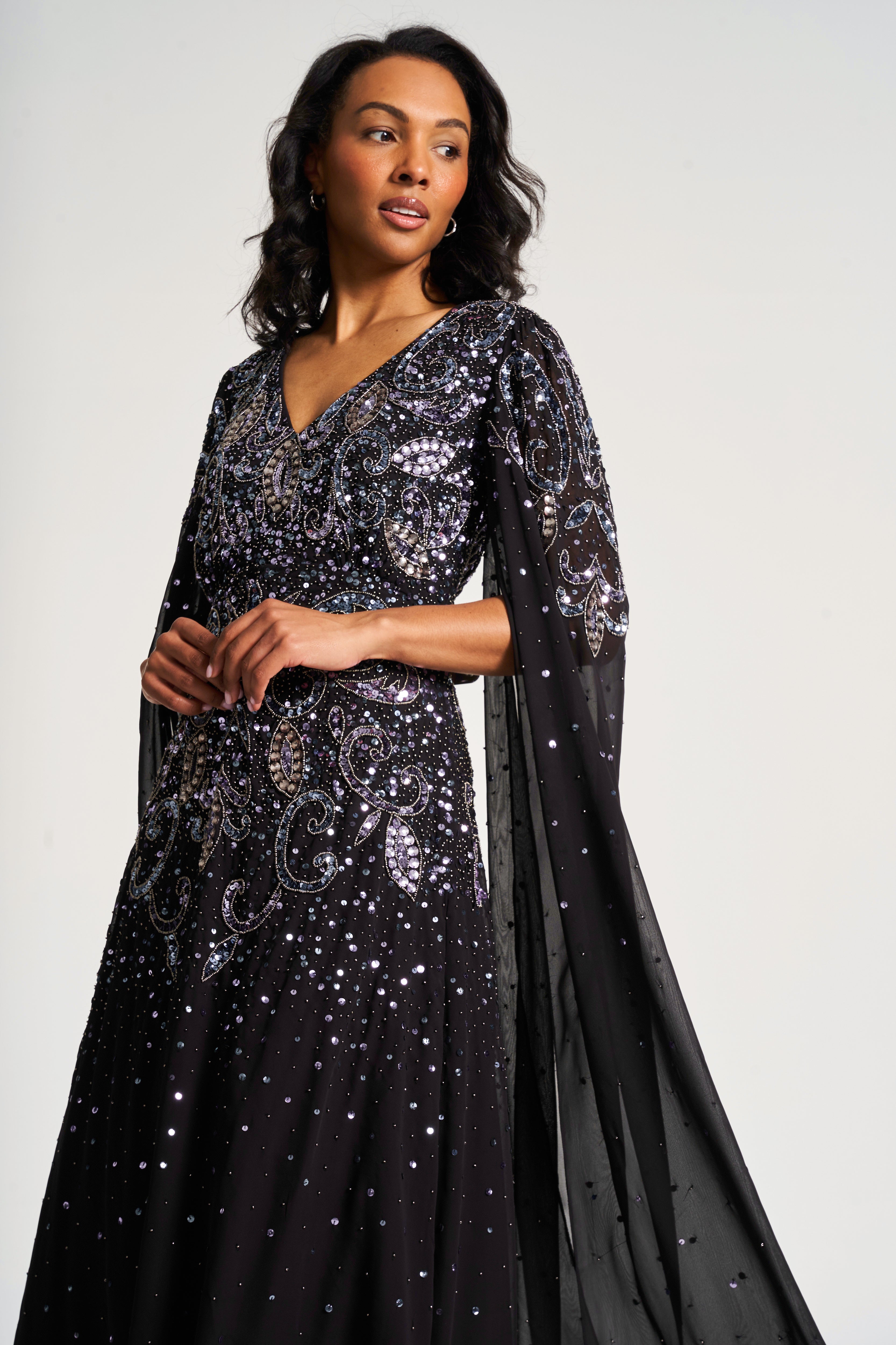 Henrietta Black Embellished Cape Sleeve Maxi Dress