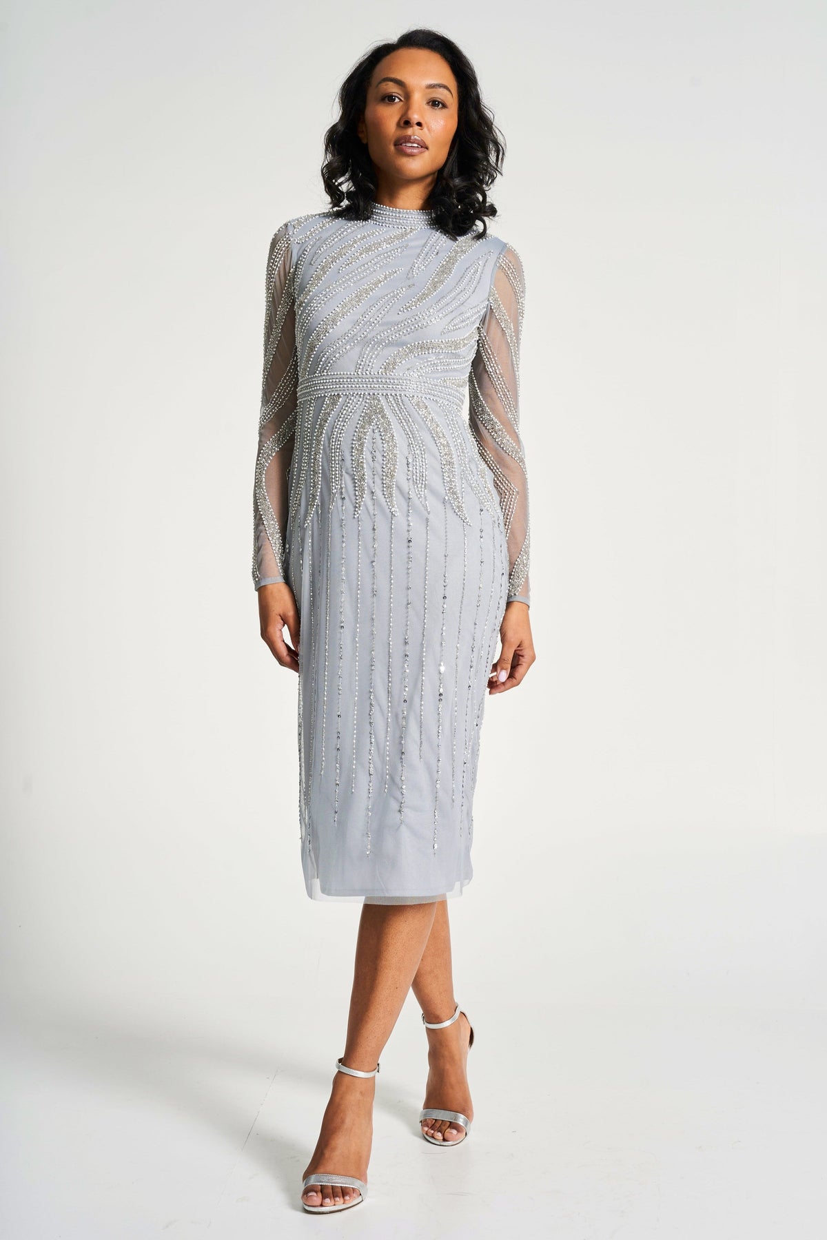 Hermia Grey Embellished Midi Dress