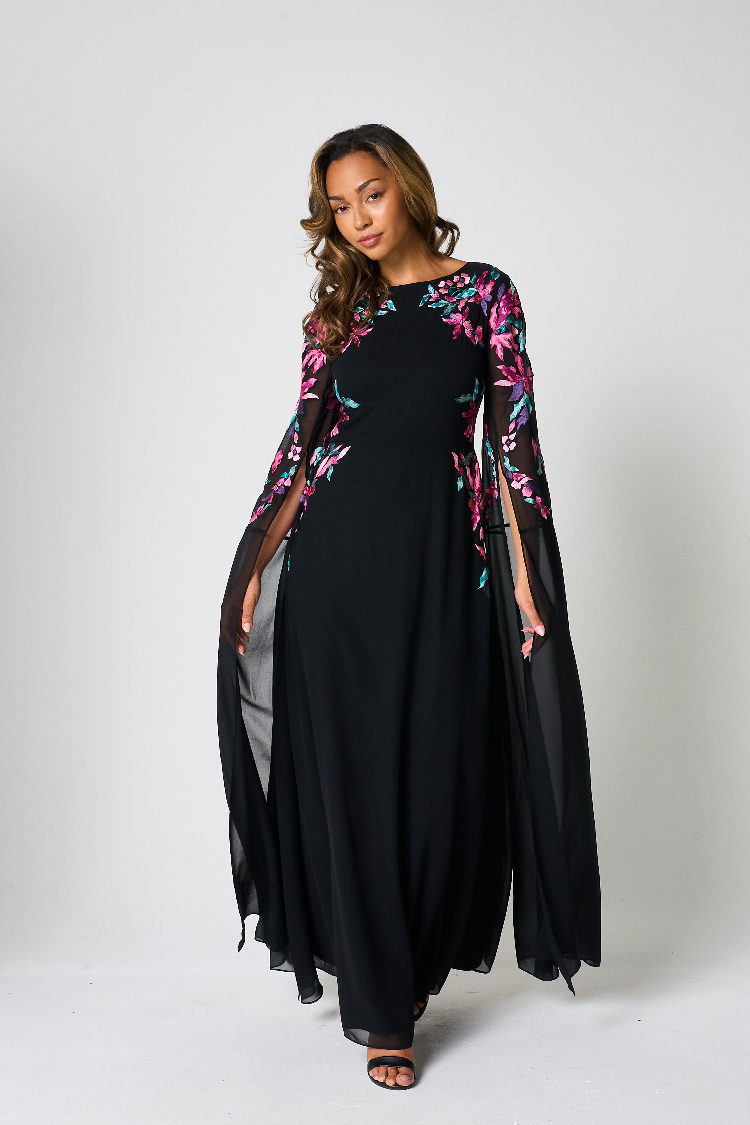 Hestia Black Embroidered Cape Sleeve Maxi Dress
