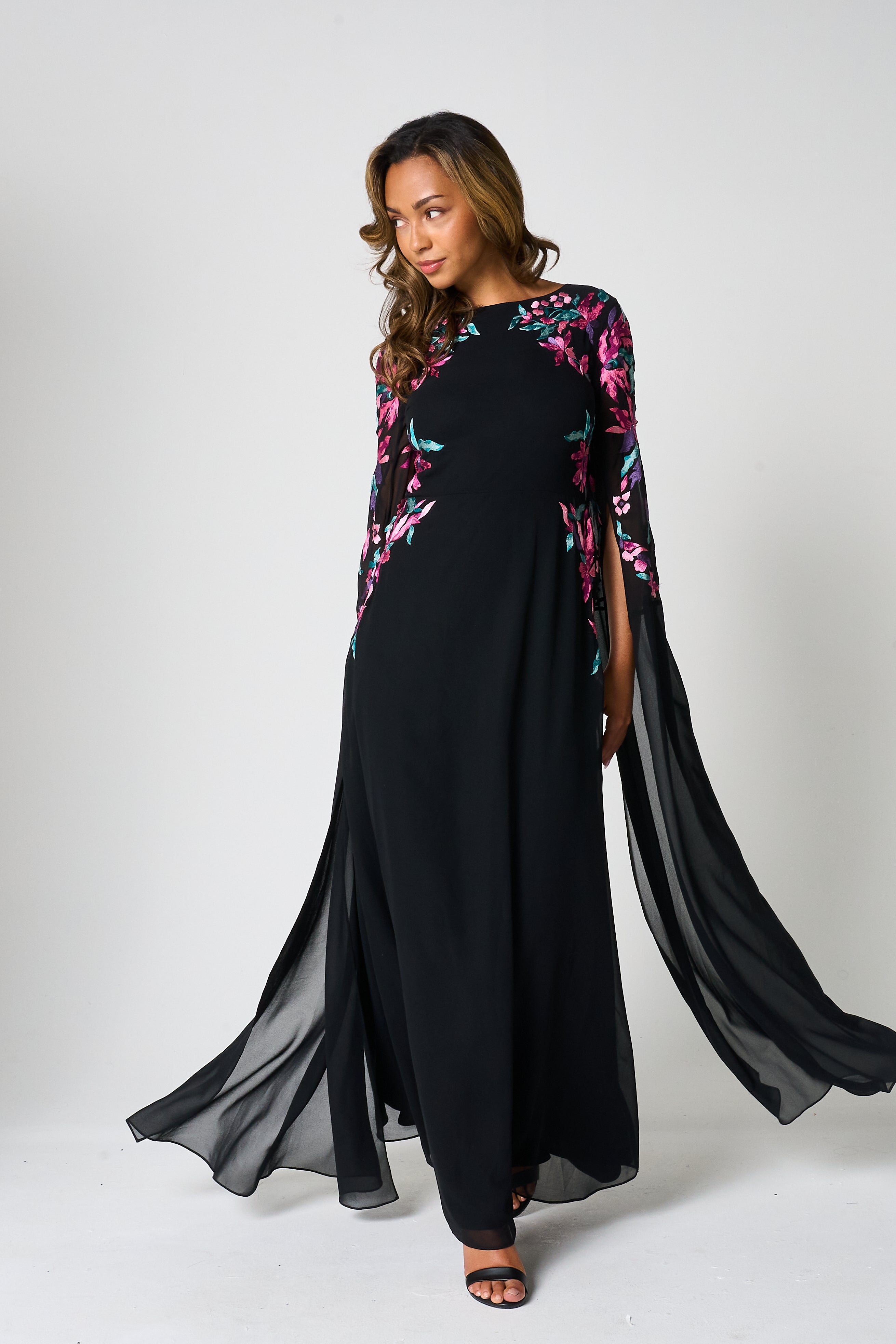 Hestia Black Embroidered Cape Sleeve Maxi Dress
