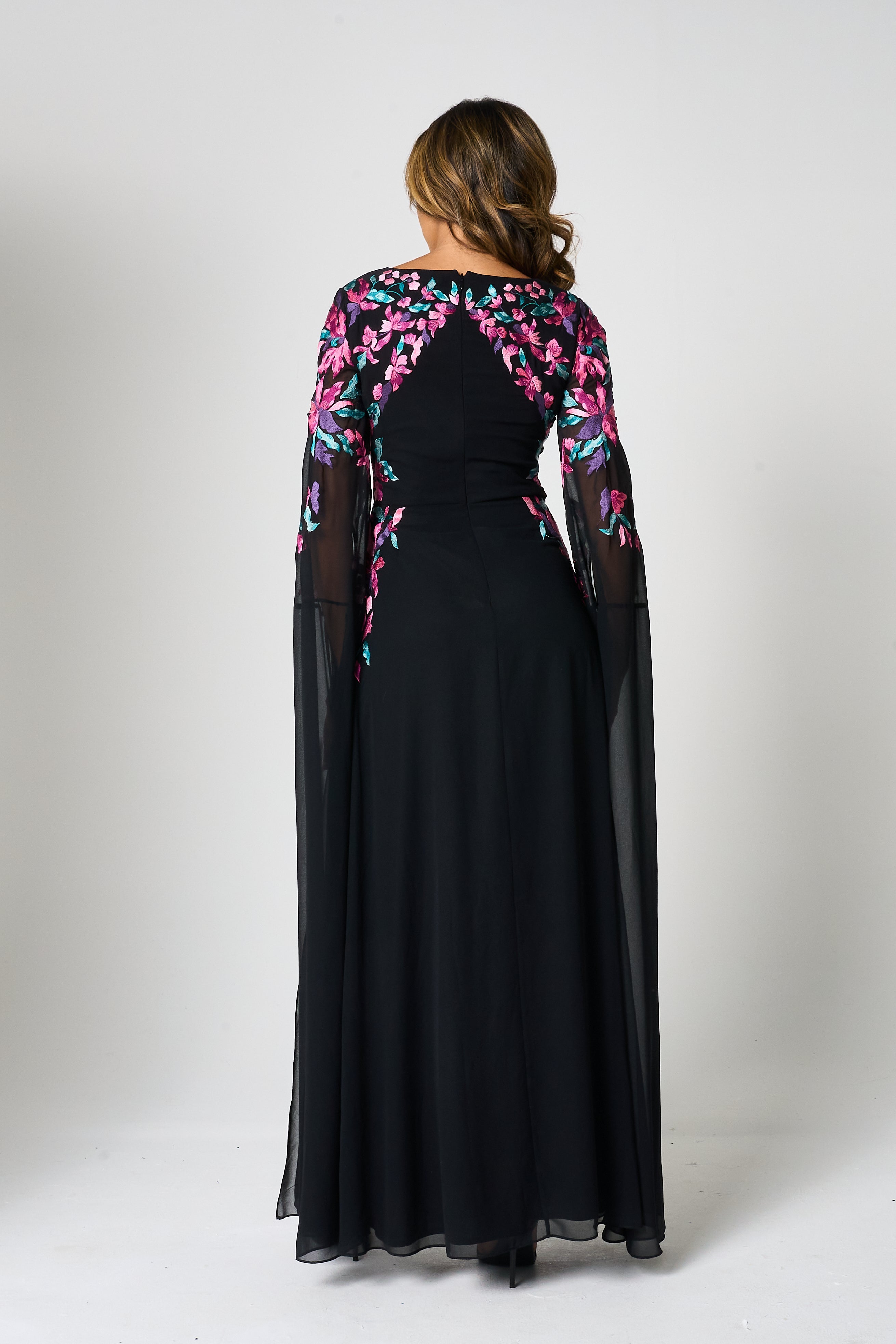 Hestia Black Embroidered Cape Sleeve Maxi Dress