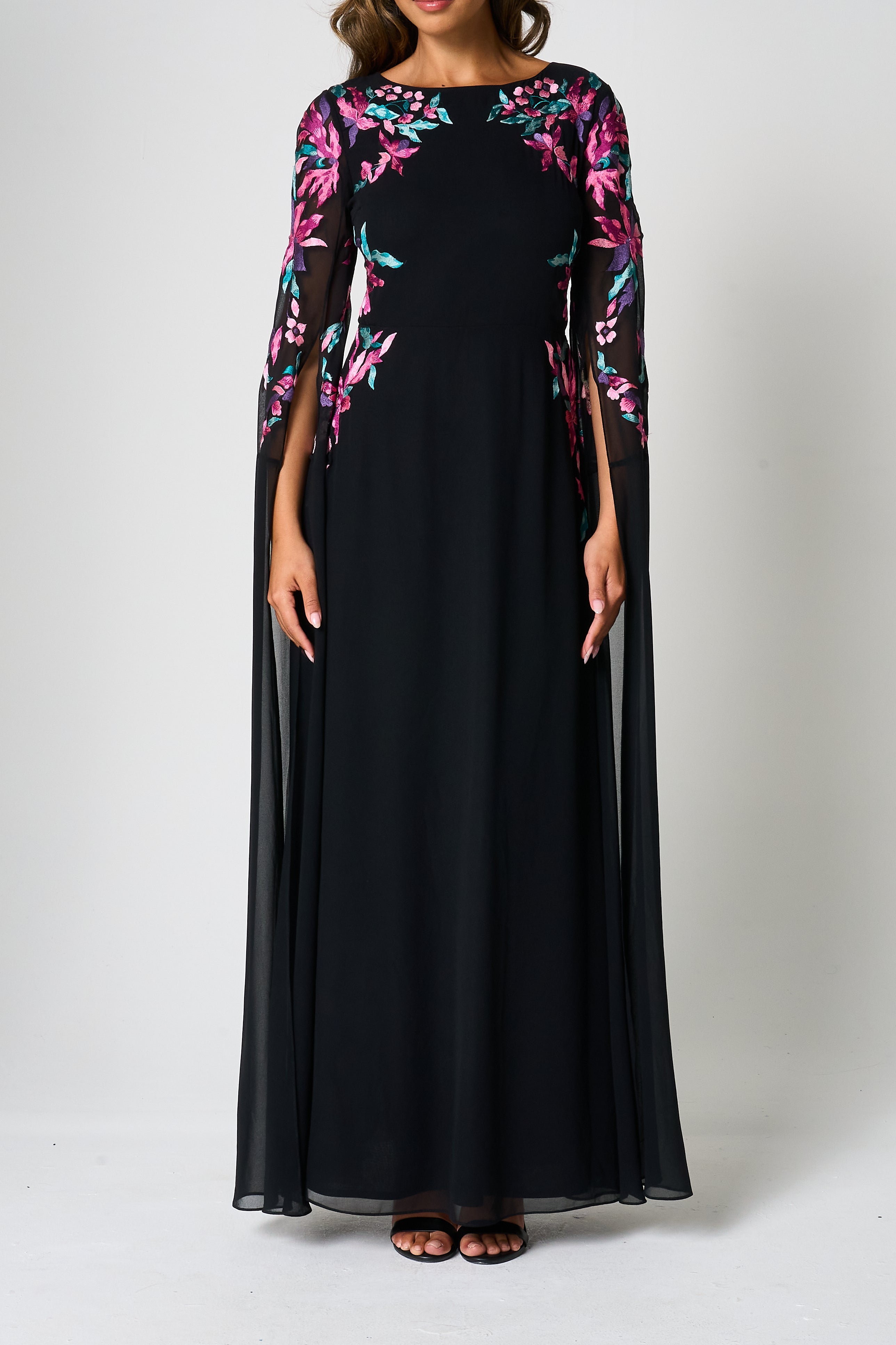 Hestia Black Embroidered Cape Sleeve Maxi Dress