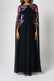 Hestia Black Embroidered Cape Sleeve Maxi Dress