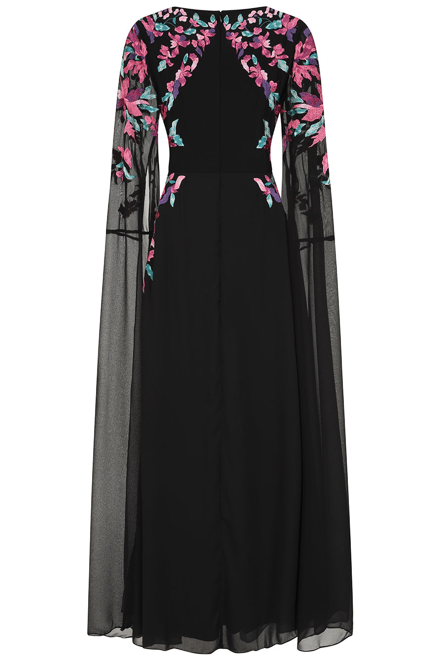 Hestia Black Embroidered Cape Sleeve Maxi Dress
