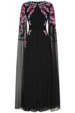 Hestia Black Embroidered Cape Sleeve Maxi Dress