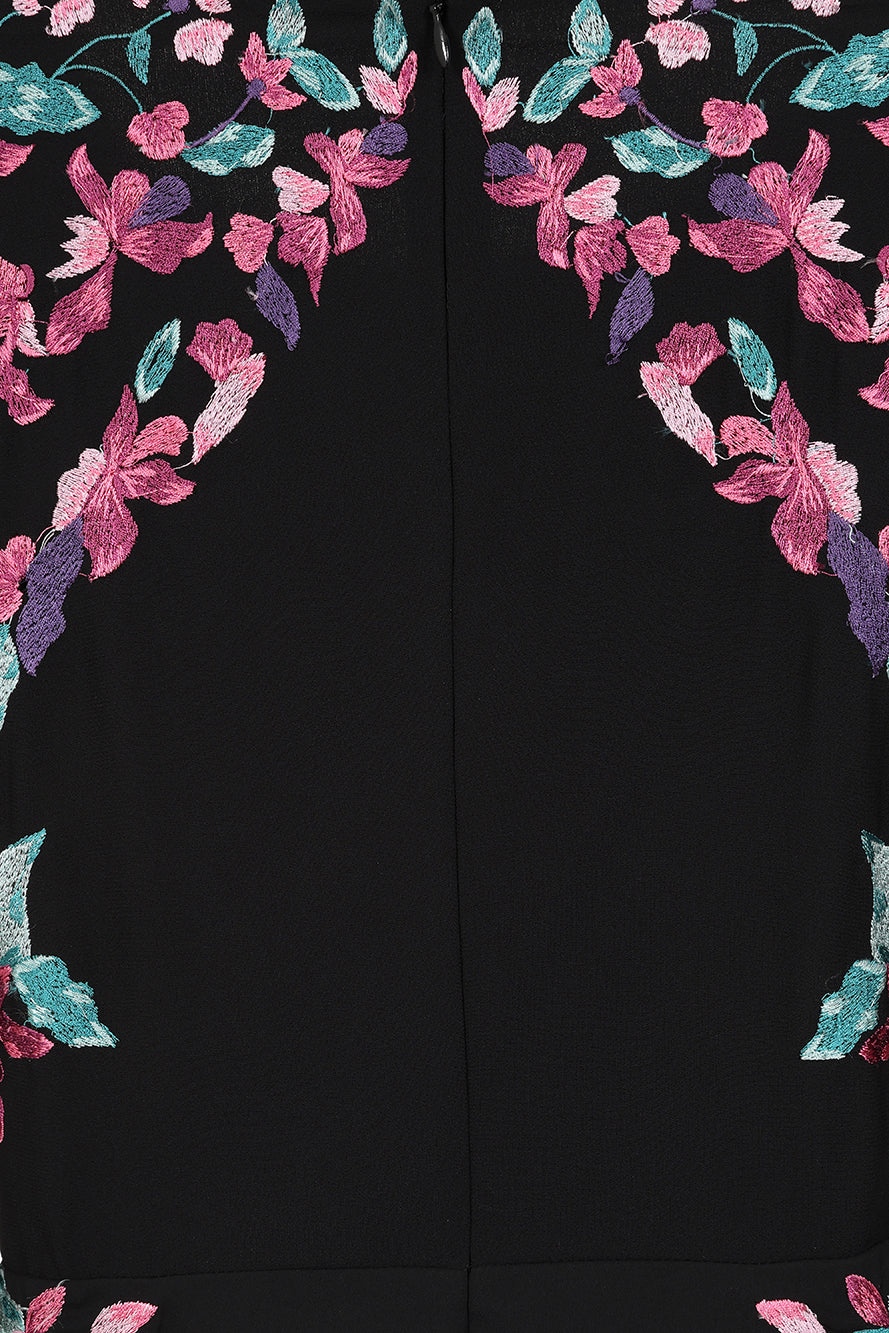 Hestia Black Embroidered Cape Sleeve Maxi Dress